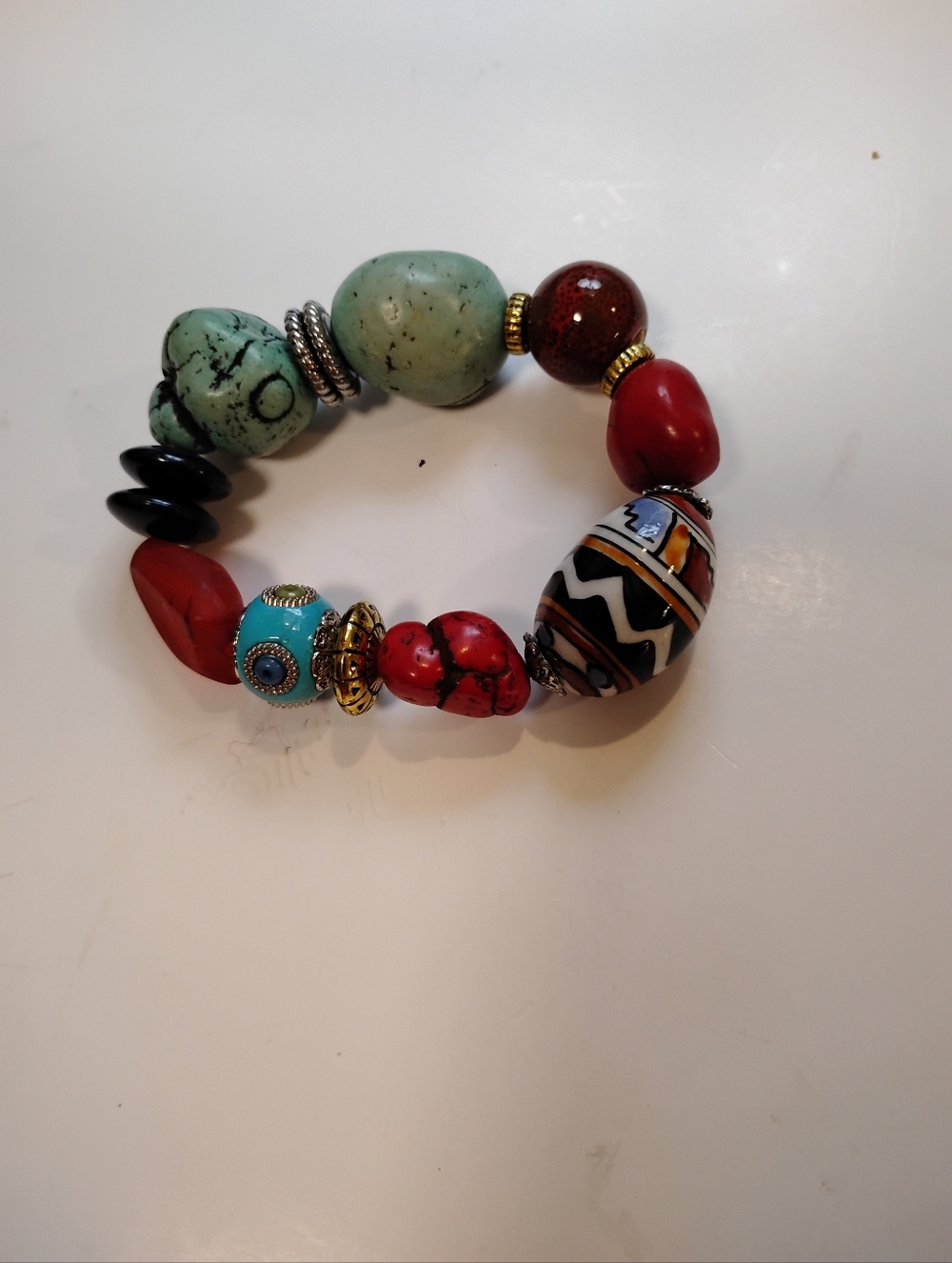 Boho Multi-Bead Stretch Bracelet in Turquoise, Red & Black Vintage Estate